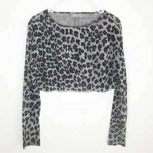 Kate Hill Gray Leopard Print Long Sleeve Crop Top Size Large